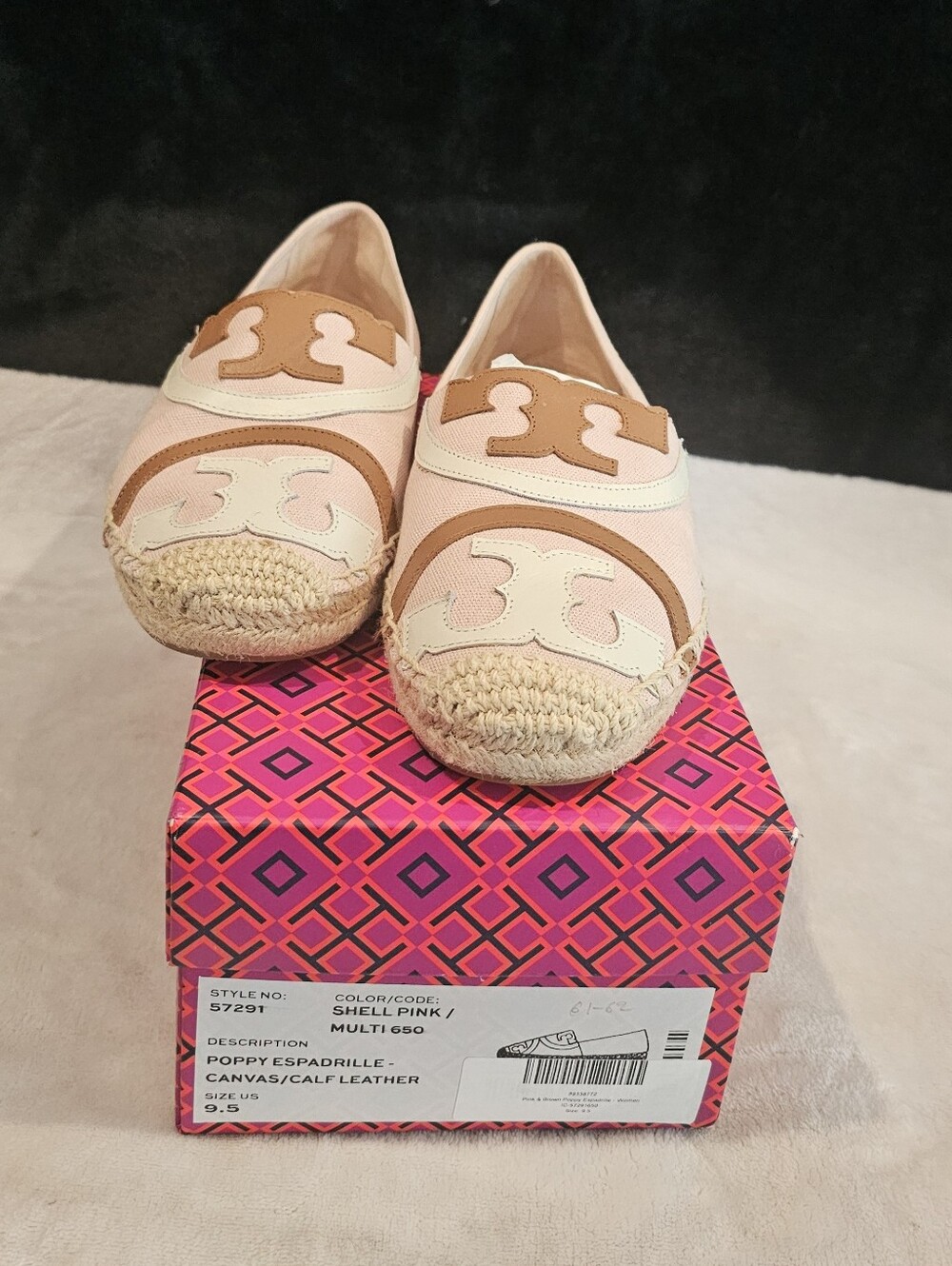 Tory Burch Shell Pink/Multi 650 Canvas Espadrille Flat Logo Cap Toe  Womens 7.5M